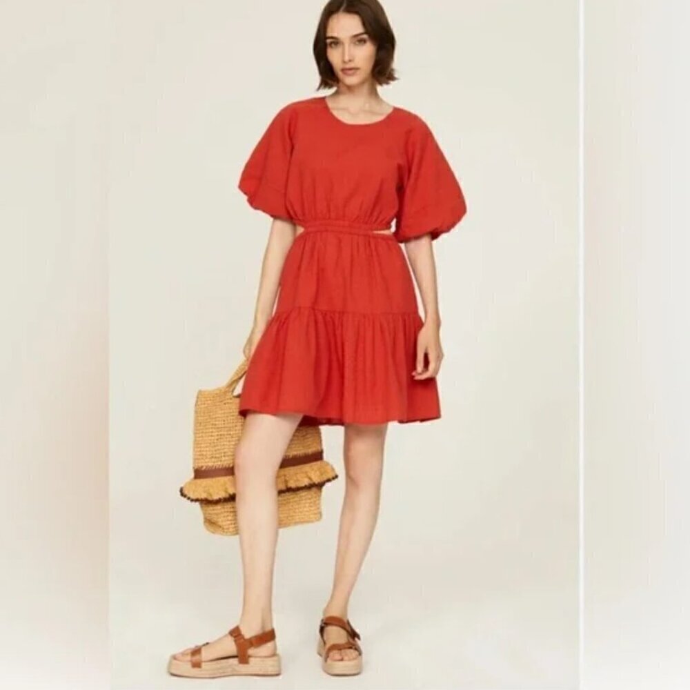 Madewell Seersucker Puff-Sleeve Cutout Mini Dress in Rust Orange Size Medium